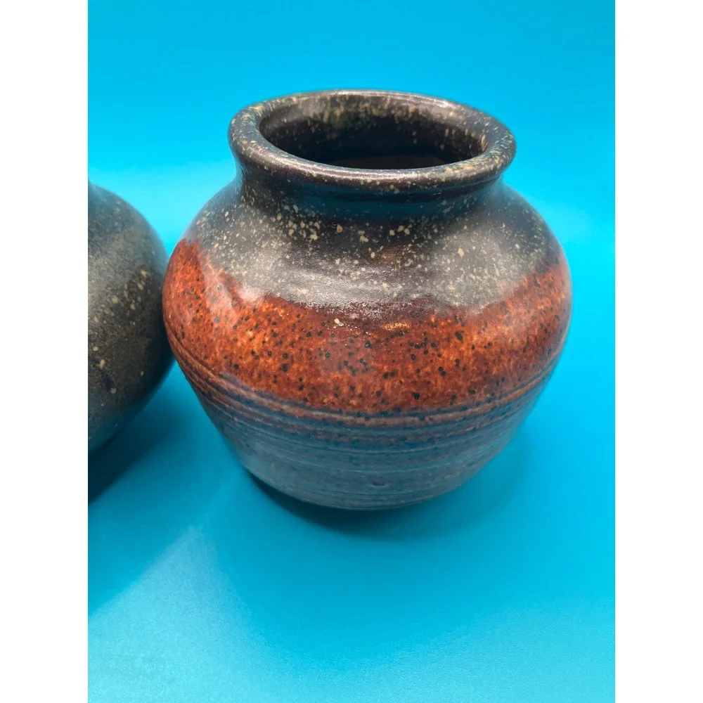 Studio Pottery Small Vase Set Brown Earthy Drip Glaze Stoneware